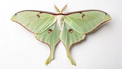 Luna Moth with pale green wings and long delicate tails isolated on a clean white studio background, sharp focus, and professional studio lighting