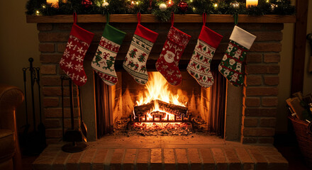 Christmas stockings hanging above a fireplace with glowing fire