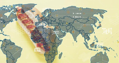 Opening yellow scene, hot dog remaining while world map sliding in, icons linking global data - Powered by Adobe