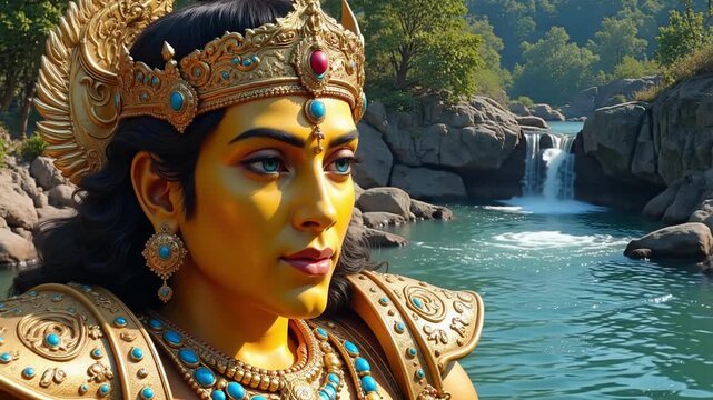Majestic Lord Indra's divine close-up face emerges from a stunning celestial river, embodying power and ethereal beauty for epic fantasy and spiritual projects.