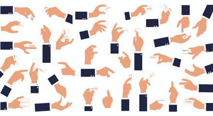 An array of illustrated hands in business attire, demonstrating various gestures and holding small objects against a white background.