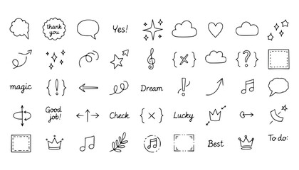 Vector art of collection of handdrawn doodle icons and symbols, including speech bubbles, stars, hearts, clouds, music notes, crowns, and arrows
