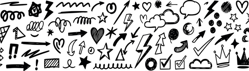 Vector art of collection of handdrawn doodle elements including arrows, stars, hearts, lightning bolts, clouds, crowns, and checkmarks
