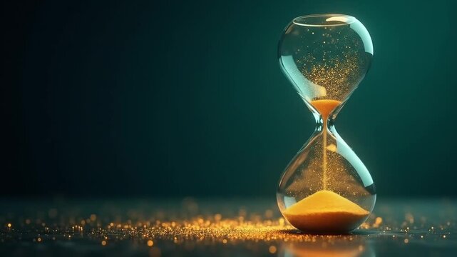 An elegant glass hourglass with golden sand trickling down, symbolizing the passage of time, set against a dark teal background with sparkling particles.