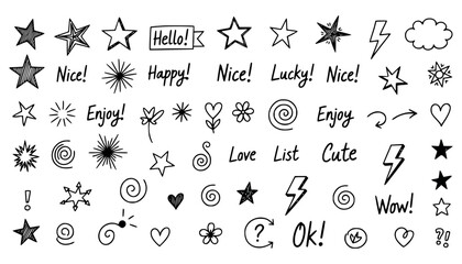 Vector art of collection of handdrawn doodle elements including stars, hearts, clouds, lightning bolts, flowers, question marks, and more