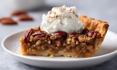 slice of pecan pie with golden flaky crust, gooey caramel nut filling topped with whole toasted pecans, a dollop of whipped cream dusted with cinnamon on top