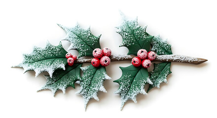 A christmas decoration with holly leaves and berries covered in white snow flakes