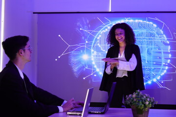 Two IT development staff, a man and a woman discuss consulting work in a meeting, explaining to use a data management system, business intelligence, data statistics, marketing analysis conference room