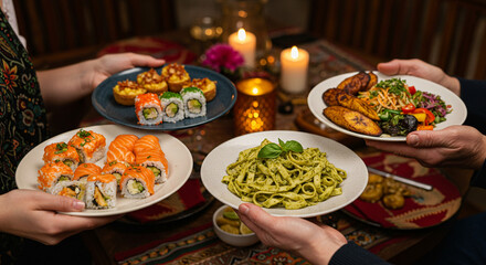 Delicious gourmet dishes served on plates during a cozy dinner  