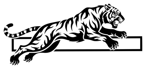 Fierce tiger leap over rectangular frame – powerful wild cat logo vector design © Luka