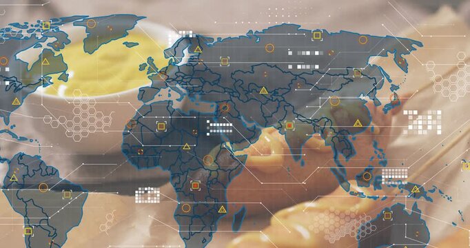 Sauce bowl and snack skewers holding as map fading in, grid forming nodes popping showing network