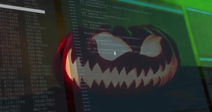 Colored lights and smoke initiating code overlay streaming across carved pumpkin for tech reveal