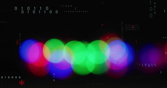 Dark field showing circles fading and pulsing binary flashing and code scrolling forming UI