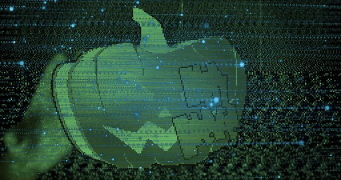 Hand entering pumpkin-sign tilting glitching HAPPY HALLOWEEN text then restoring message for reveal