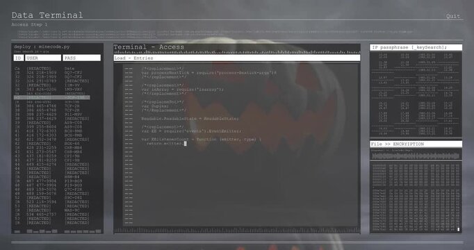 scanline flicker starting Terminal UI fading over glowing pumpkin loading code to simulate hacking