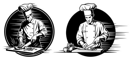 Vintage master chefs slicing gourmet meat in dynamic engraving style – classic restaurant cook emblem illustration