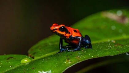 Red and blue poison dart frog perched on a large green leaf against a dark backdrop