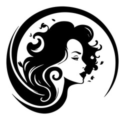 Elegant beauty salon logo with female profile and flowing hair framed by circular swoosh – chic cosmetics brand emblem vector