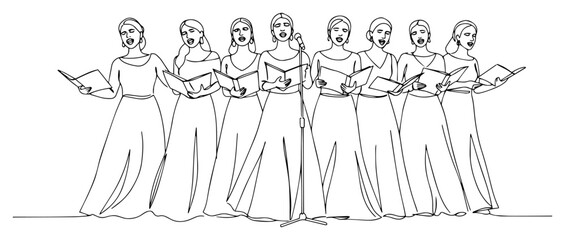 Choir of women singing in long gowns, sketched as single continuous line – minimalist vocal ensemble illustration