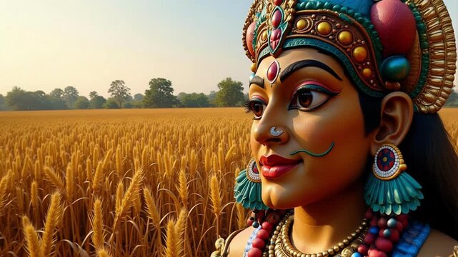 Divine Lord Jagannath close-up, unreal spiritual presence against vibrant divine grain field, 4K video footage for sacred ceremonies and devotional content creation