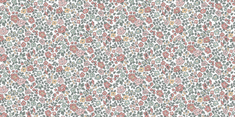Seamless ditsy floral pattern with small delicate flowers on a white background. Vintage cottagecore print for fabric and wallpaper. Liberty style summer flower vector illustration.