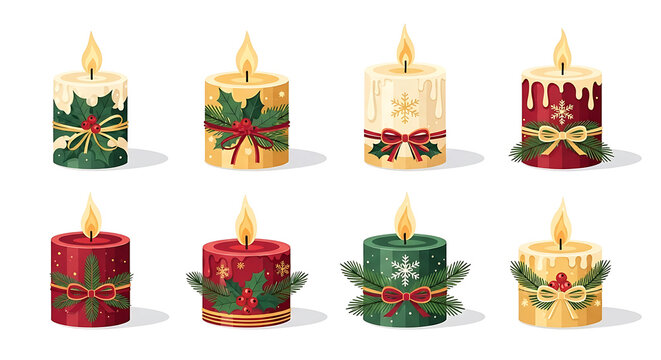 A collection of eight christmas candles with various colors and decorations on white - Powered by Adobe