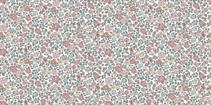 Seamless ditsy floral pattern with small delicate flowers on a white background. Vintage cottagecore print for fabric and wallpaper. Liberty style summer flower vector illustration.