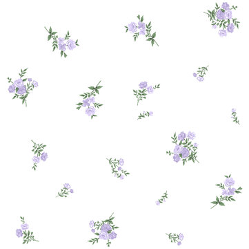 Seamless floral pattern with scattered bouquets of delicate purple roses. Minimalist botanical background for elegant fabric or wallpaper. Ditsy lavender flower print.
