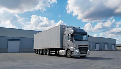 Modern logistics warehouse with a white truck unloading goods. The appearance of a cargo warehouse with gates. Against a clear sky. A warehouse that deals with delivery, export, and business. logistic