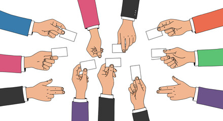 Multiple hands in colorful sleeves presenting blank white cards in a circular arrangement, suggesting networking or exchange.