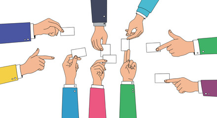 Multiple hands in colorful sleeves hold and point to blank white cards, suggesting teamwork, choices, or decisions.