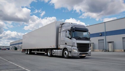 Modern logistics warehouse with a white truck unloading goods. The appearance of a cargo warehouse with gates. Against a clear sky. A warehouse that deals with delivery, export, and business. logistic