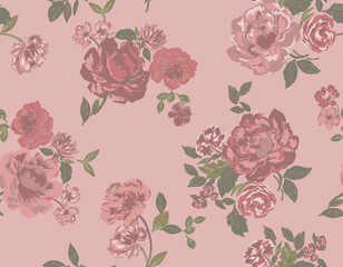 Vintage floral seamless pattern with large painterly pink roses and peonies. Romantic shabby chic botanical background for fabric and wallpaper. Dusty rose flower illustration.