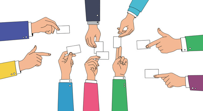Multiple hands in colorful sleeves hold and point to blank white cards, suggesting teamwork, choices, or decisions. - Powered by Adobe