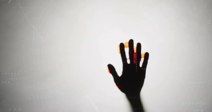 Hand silhouette entering frame rotating, glowing fingertips intensifying for digital visualization
