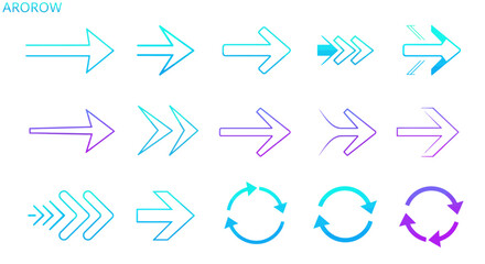 Collection of fifteen gradient outline arrow icons pointing right and circular, in blue and purple hues, on a white background.
