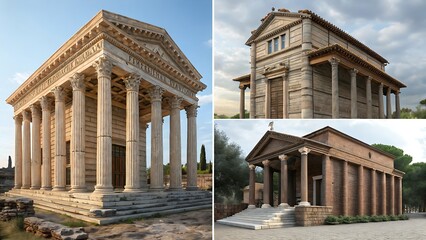 Obraz premium Four diverse architectural renders showcasing variations in style, from classical Greco-Roman to rustic wooden structures, all rendered in a blocky, pixelated aesthetic on AI Generated 