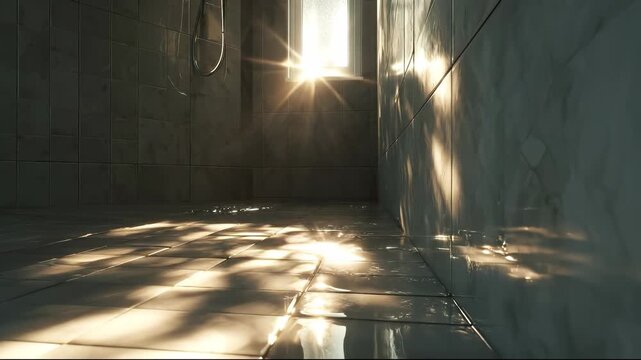 Sunlight streams through a window, casting sunlight and shadow patterns on the tile floor. Tiles and sunlight intertwine to form dynamic reflections across the room.