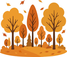 Autumn forest landscape with colorful trees and falling leaves. Flat vector background with orange, yellow and brown tones. Perfect for seasonal greeting cards, kids' illustrations, banners.