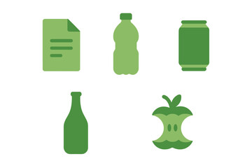 Green symbols for diverse waste categories promoting recycling and environmental protection