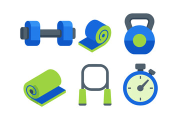 Variety of fitness and workout equipment for health and exercise including dumbbell, yoga mat, kettlebell, hand grip, and stopwatch
