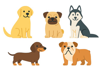 Collection of cute cartoon dog breeds including golden retriever, pug, husky, dachshund, and bulldog