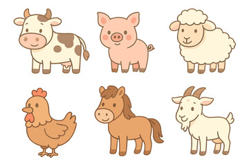 Adorable cartoon farm animals collection with cow, pig, sheep, chicken, horse, and goat on white background