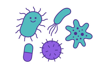 Diverse set of microscopic organisms including bacteria, viruses, amoeba, and a medical capsule for health and science concepts