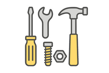 Assortment of essential hand tools for repair and construction including hammer screwdriver wrench and fasteners