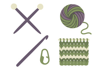 Knitting and crochet tools with yarn ball and knitted fabric swatch for handmade craft projects and hobby activities