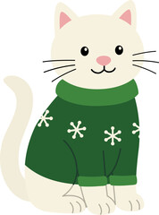 Christmas cat flat vector illustration.
White cat wearing a green Christmas sweater Cartoon Clipart isolated.
Transparent background.