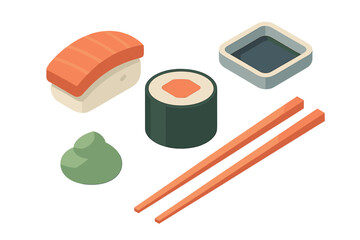 Delicious isometric sushi set featuring nigiri maki wasabi soy sauce and traditional chopsticks © icon_art