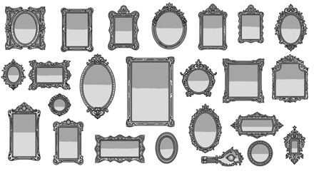Collection of ornate, decorative antique-style mirrors in various shapes and sizes.