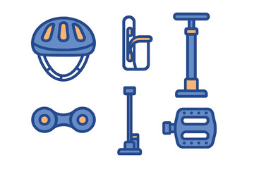 Essential bicycle accessories including helmet, air pump, pedal, chain link, and water bottle holder